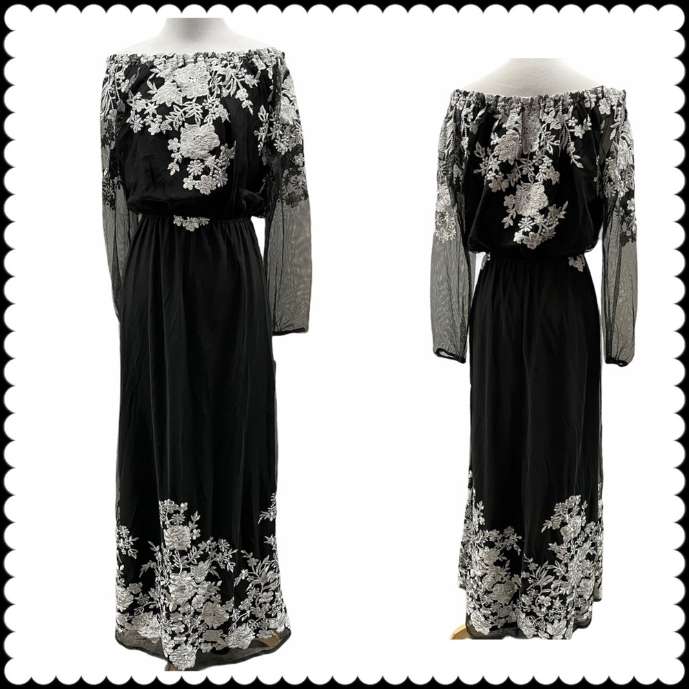 INC Black Maxi Dress White Embroidery Sz 6